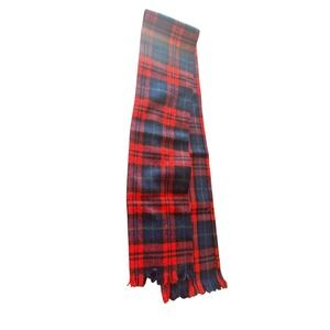 Vintage Wool Tartan Plaid Scarf Red & Navy Fringed Muffler
